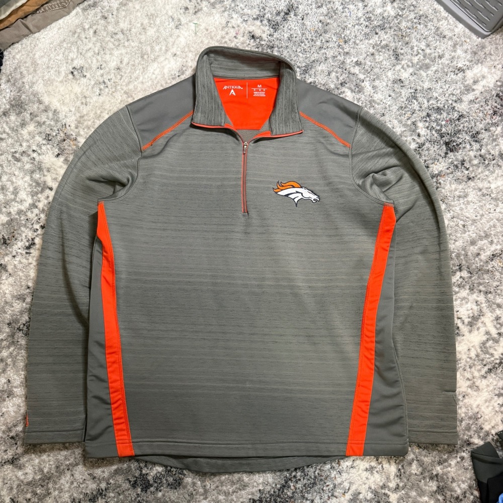 Denver Broncos Antigua Gray Orange 1/4 Zip Pullover Sweatshirt Men's‎ Medium